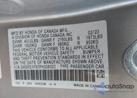 2023 Honda Civic Touring from USA, damaged, VIN 2HGFE1F97PH308023